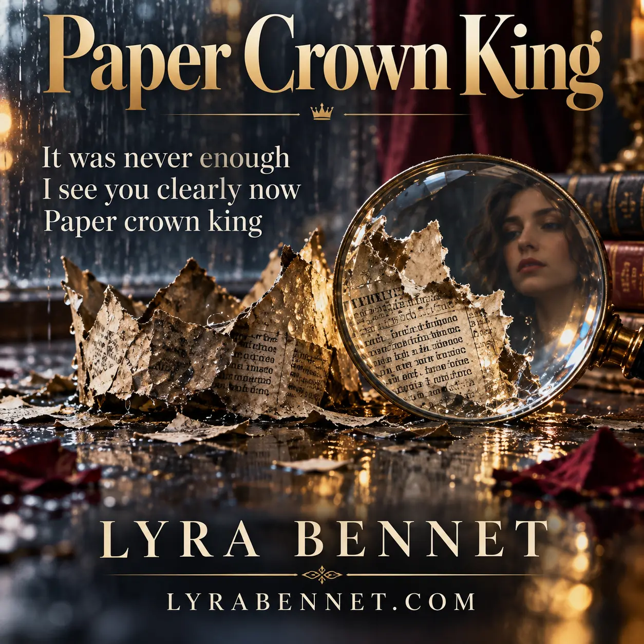 Paper Crown King lyric art by Lyra Bennet: It was never enough, I see you clearly now, Paper crown king