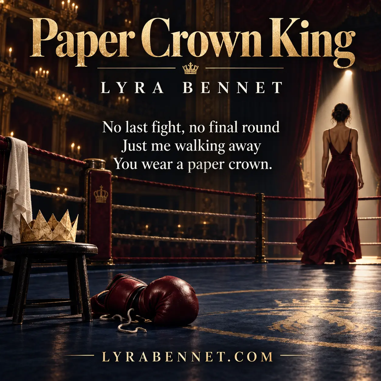 Paper Crown King lyric art by Lyra Bennet: No last fight, no final round, Just me walking away, You wear a paper crown