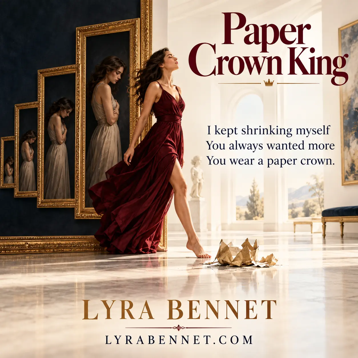 Paper Crown King lyric art by Lyra Bennet: I kept shrinking myself, You always wanted more, You wear a paper crown