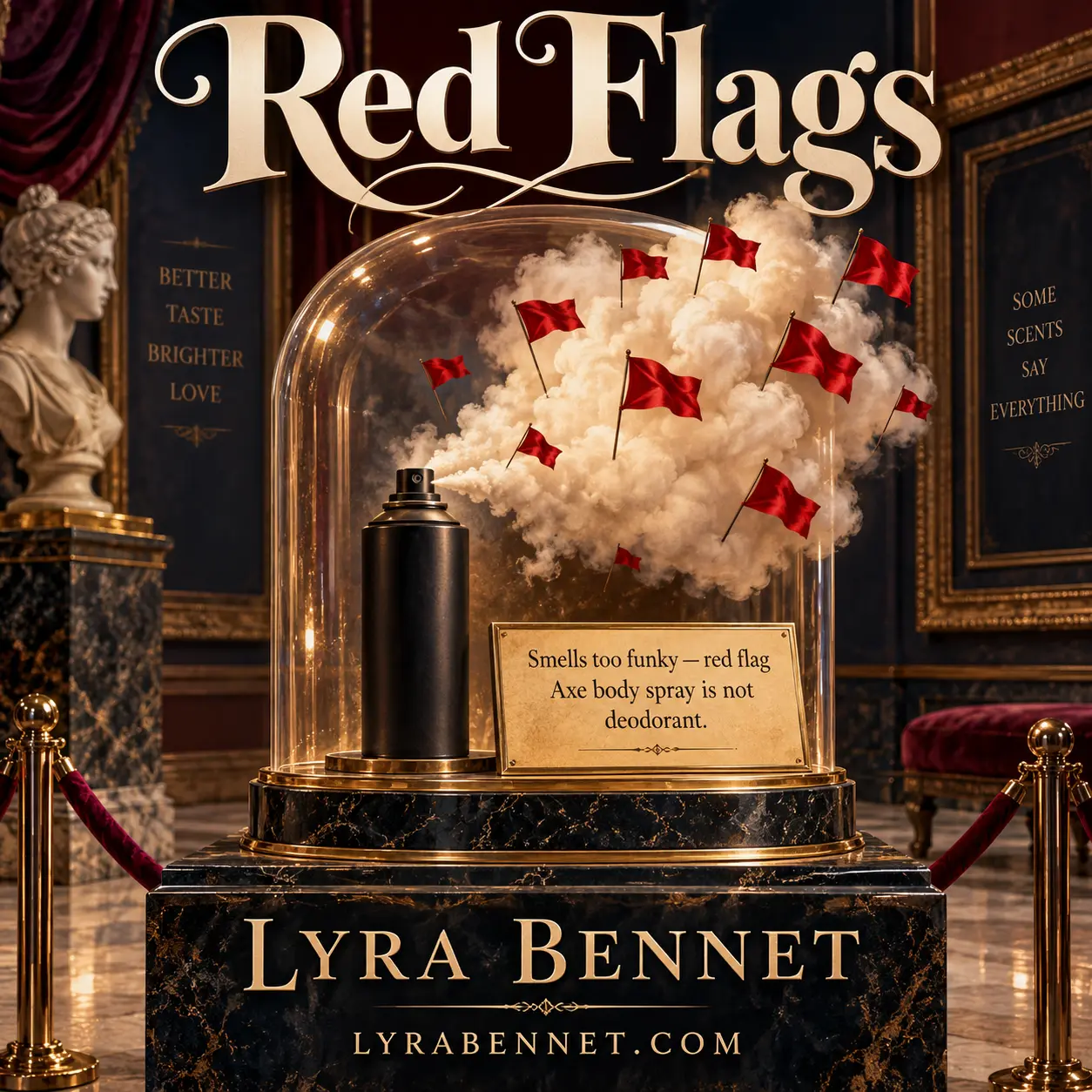 Red Flags lyric art by Lyra Bennet: Smells too funky — red flag, Axe body spray is not deodorant