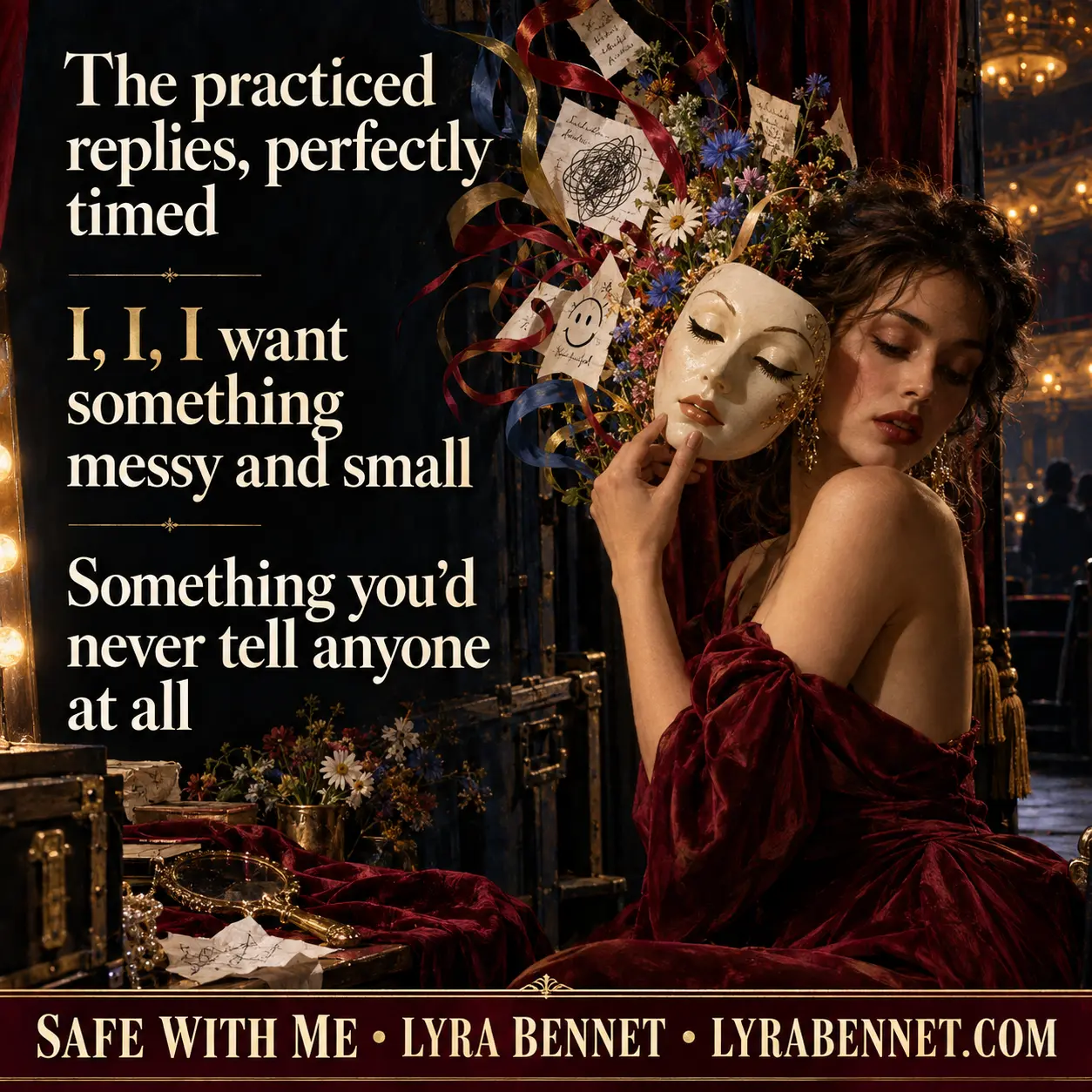 Safe With Me lyric art by Lyra Bennet: The practiced replies, perfectly timed, I, I, I want something messy and small, Something you'd never tell anyone at all