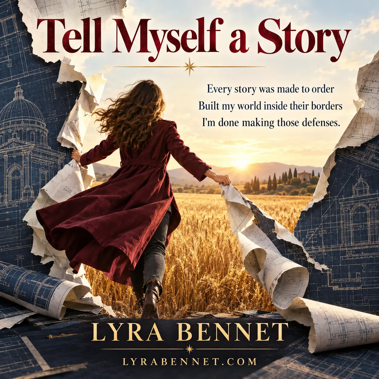 Tell Myself a Story lyric art by Lyra Bennet: Every story was made to order, Built my world inside their borders, I'm done making those defenses