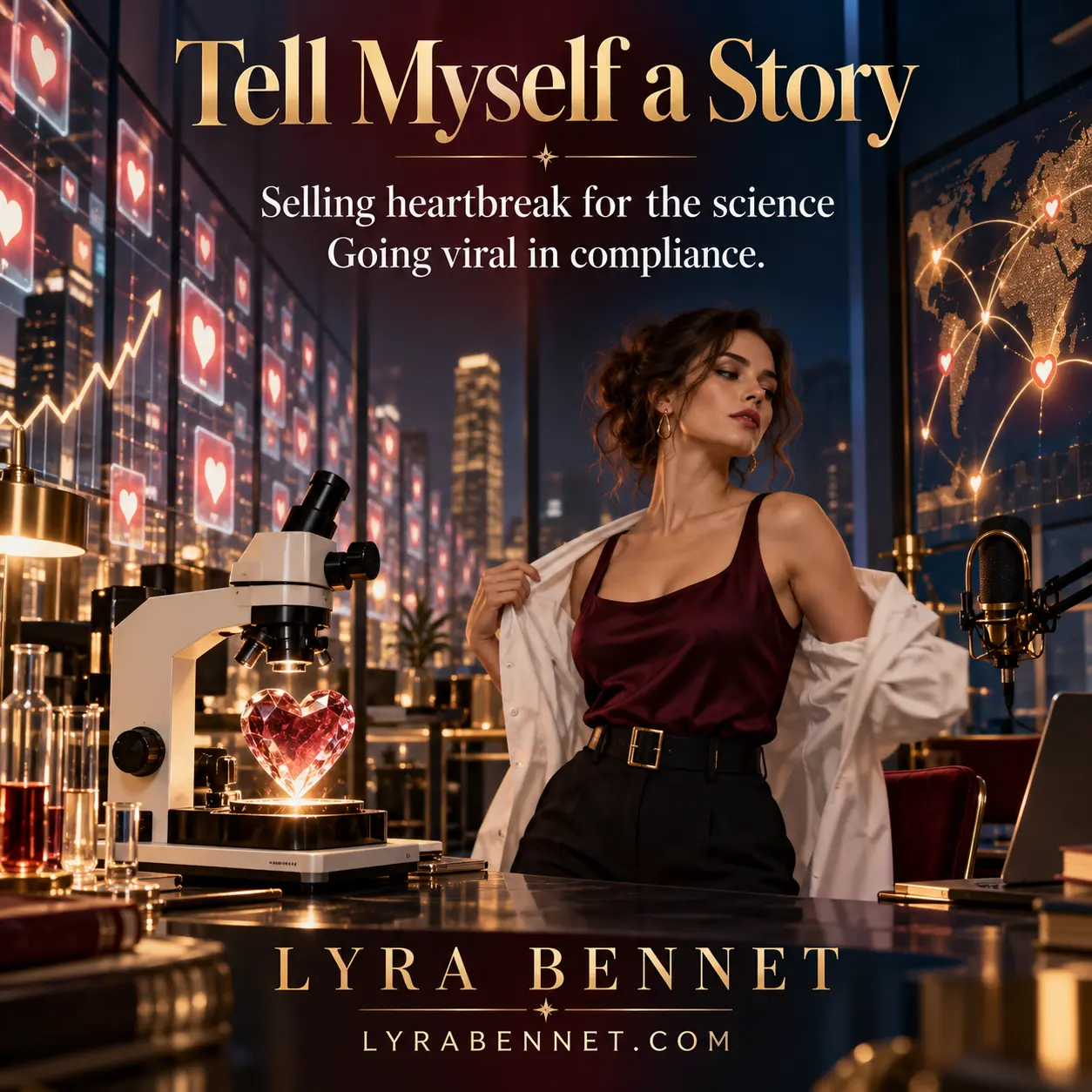 Tell Myself a Story lyric art by Lyra Bennet: Selling heartbreak for the science, Going viral in compliance