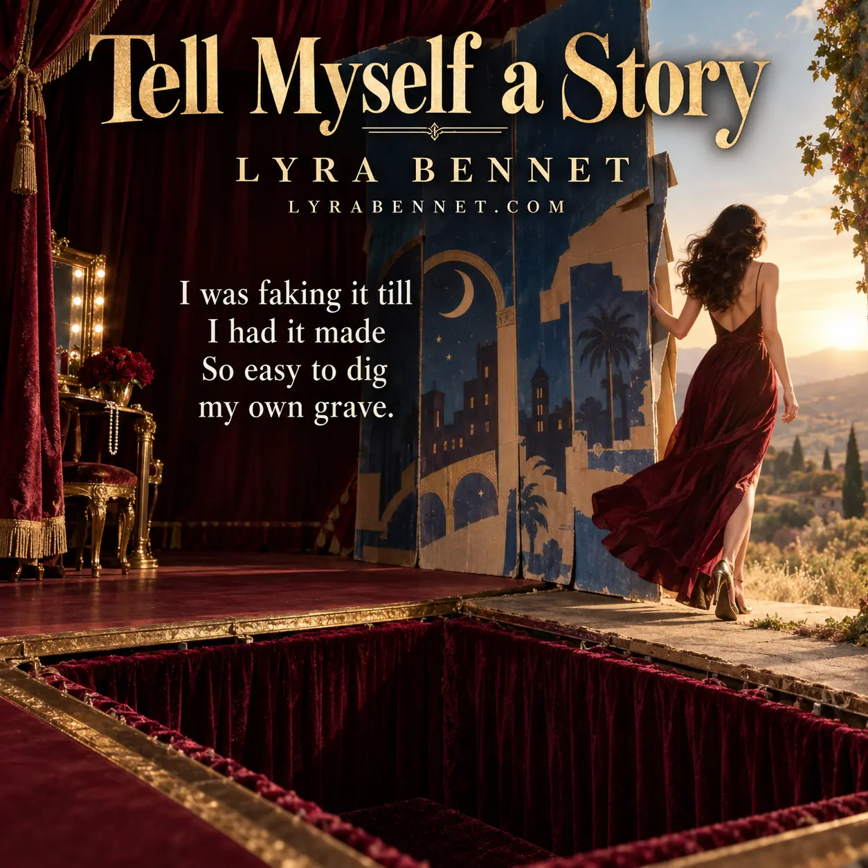 Tell Myself a Story lyric art by Lyra Bennet: I was faking it till I had it made, So easy to dig my own grave