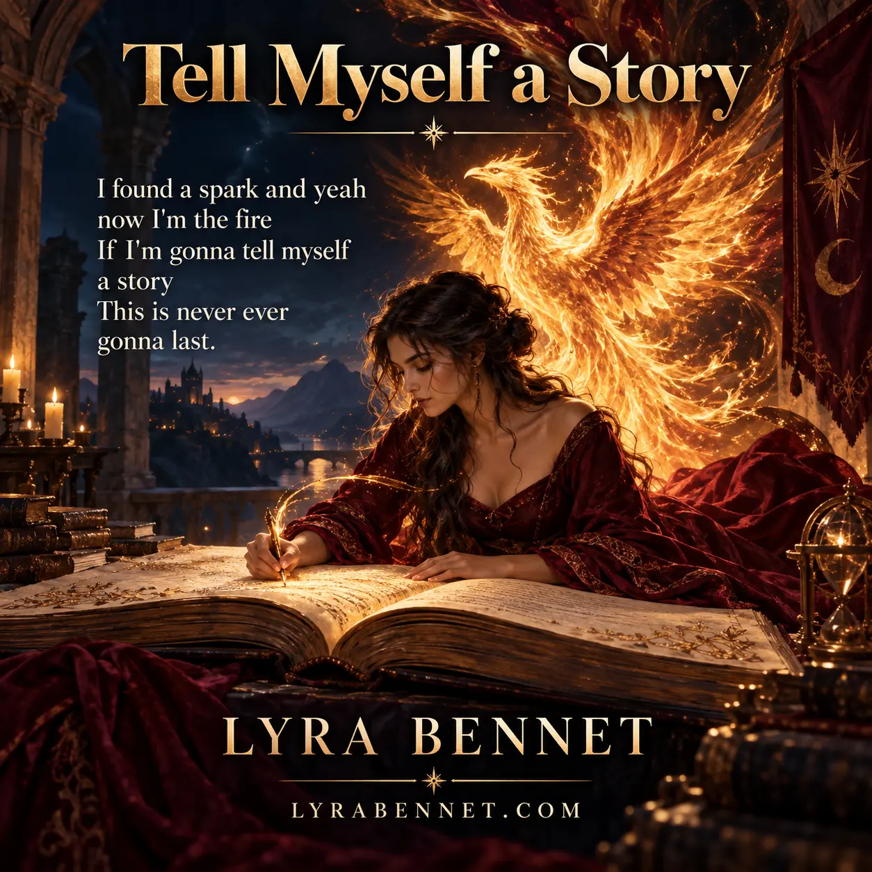 Tell Myself a Story lyric art by Lyra Bennet: I found a spark and yeah now I'm the fire, If I'm gonna tell myself a story, This is never ever gonna last