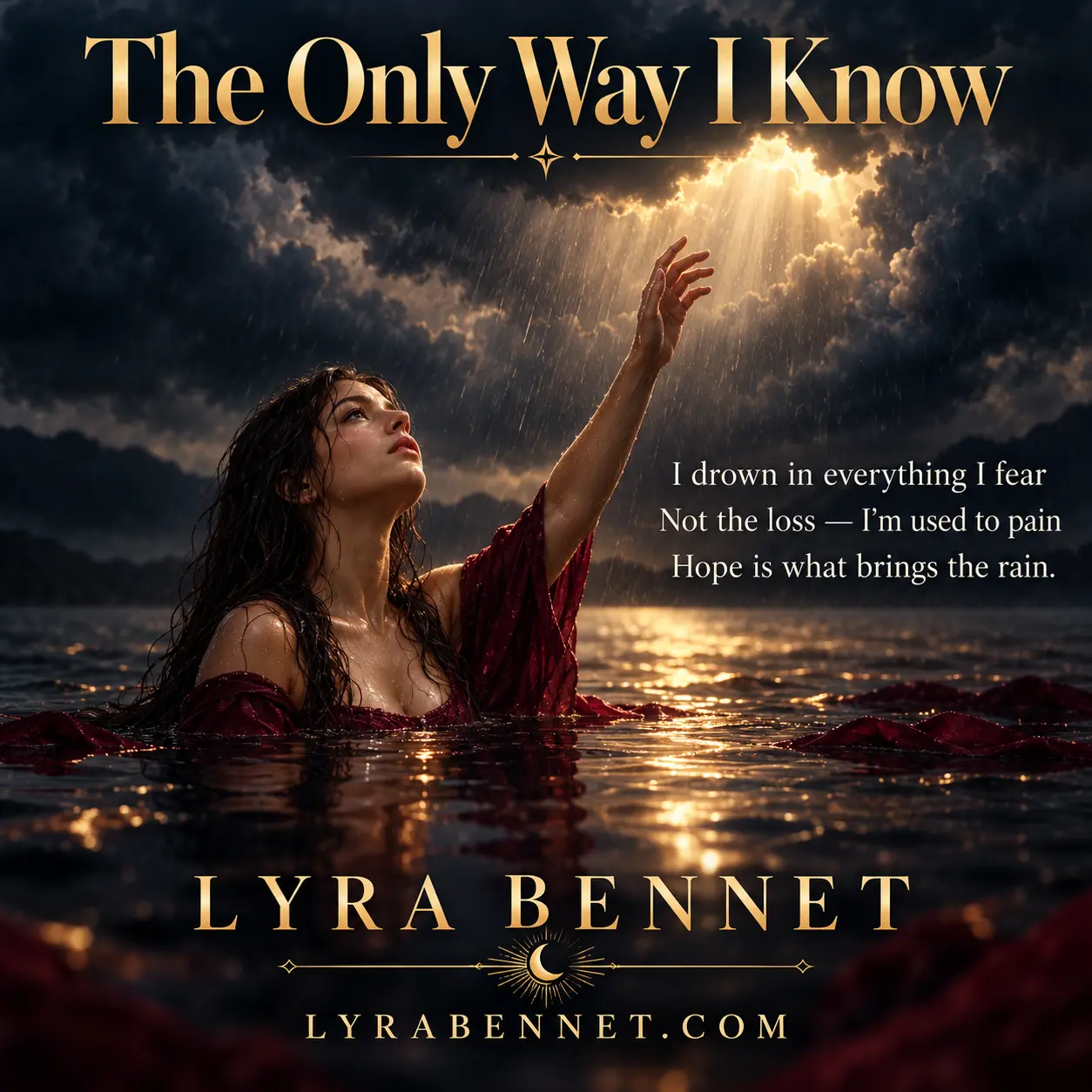 The Only Way I Know lyric art by Lyra Bennet: I drown in everything I fear, Not the loss — I'm used to pain, Hope is what brings the rain