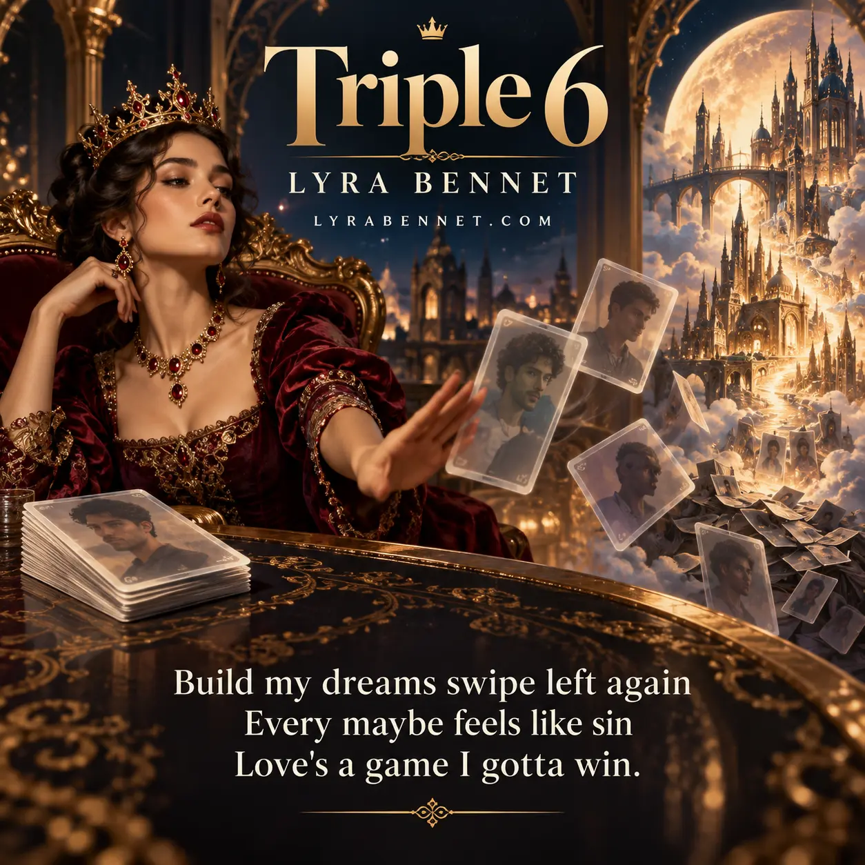 Triple 6 lyric art by Lyra Bennet: Build my dreams swipe left again, Every maybe feels like sin, Love's a game I gotta win