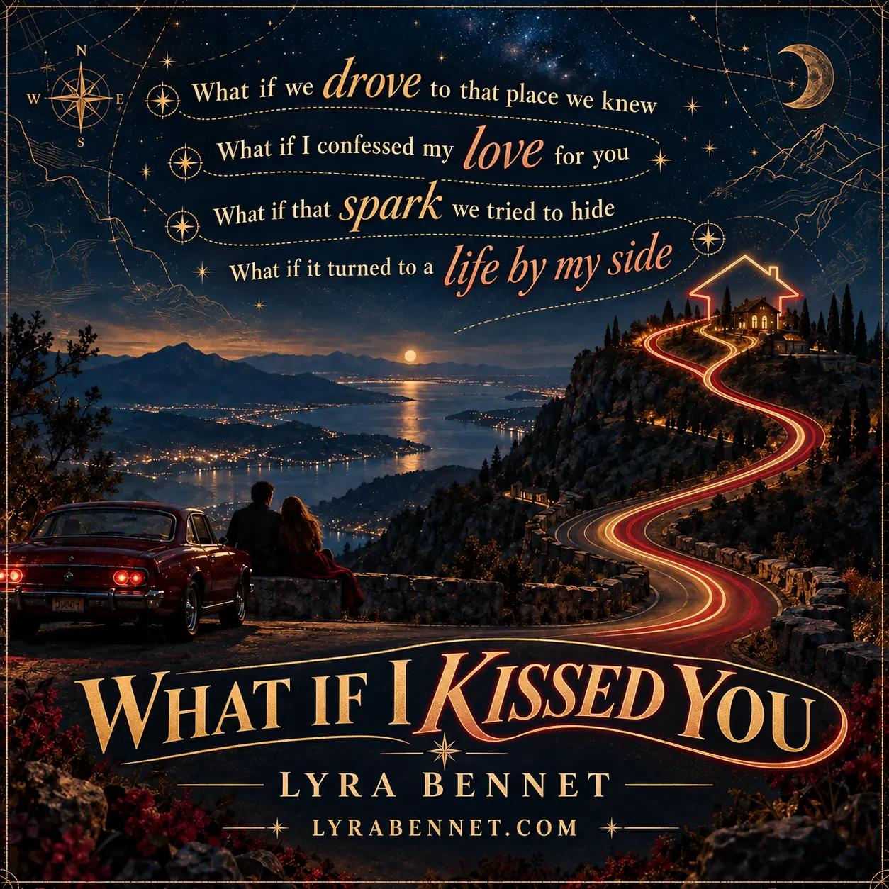 What If I Kissed You lyric art by Lyra Bennet: What if we drove to that place we knew, confessed my love for you, and that hidden spark became a life by my side, visualized as a luminous road leading toward a shared home.