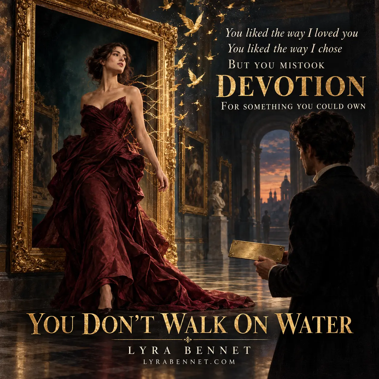 You Don’t Walk on Water lyric art by Lyra Bennet: You liked the way I loved you, You liked the way I chose, But you mistook devotion, For something you could own