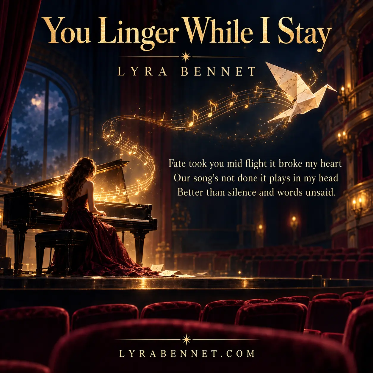 You Linger While I Stay lyric art by Lyra Bennet: Fate took you mid flight it broke my heart, Our song's not done it plays in my head, Better than silence and words unsaid