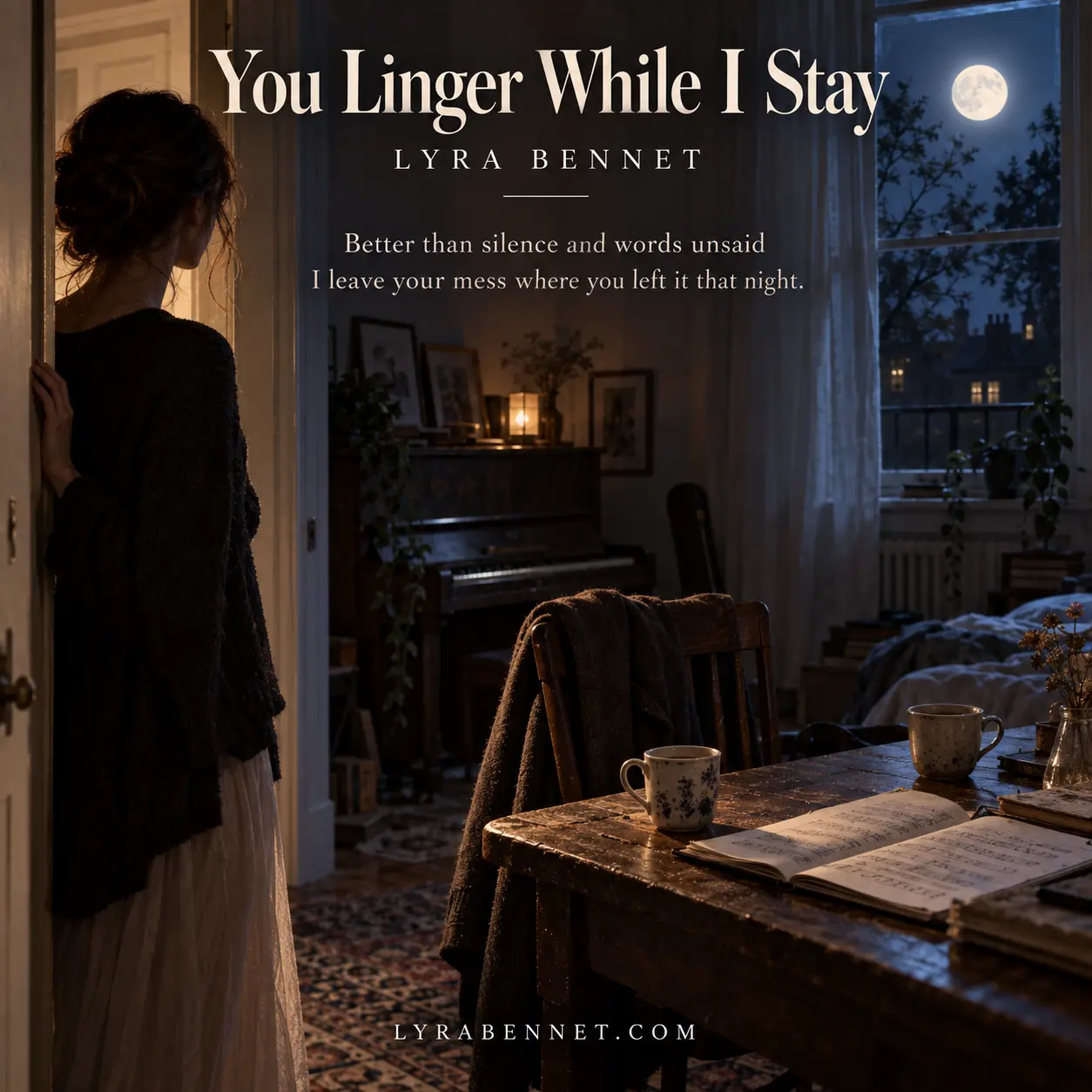 You Linger While I Stay lyric art by Lyra Bennet: Better than silence and words unsaid, I leave your mess where you left it that night