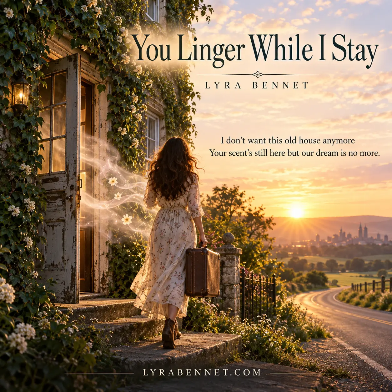 You Linger While I Stay lyric art by Lyra Bennet: I don't want this old house anymore, Your scent's still here but our dream is no more