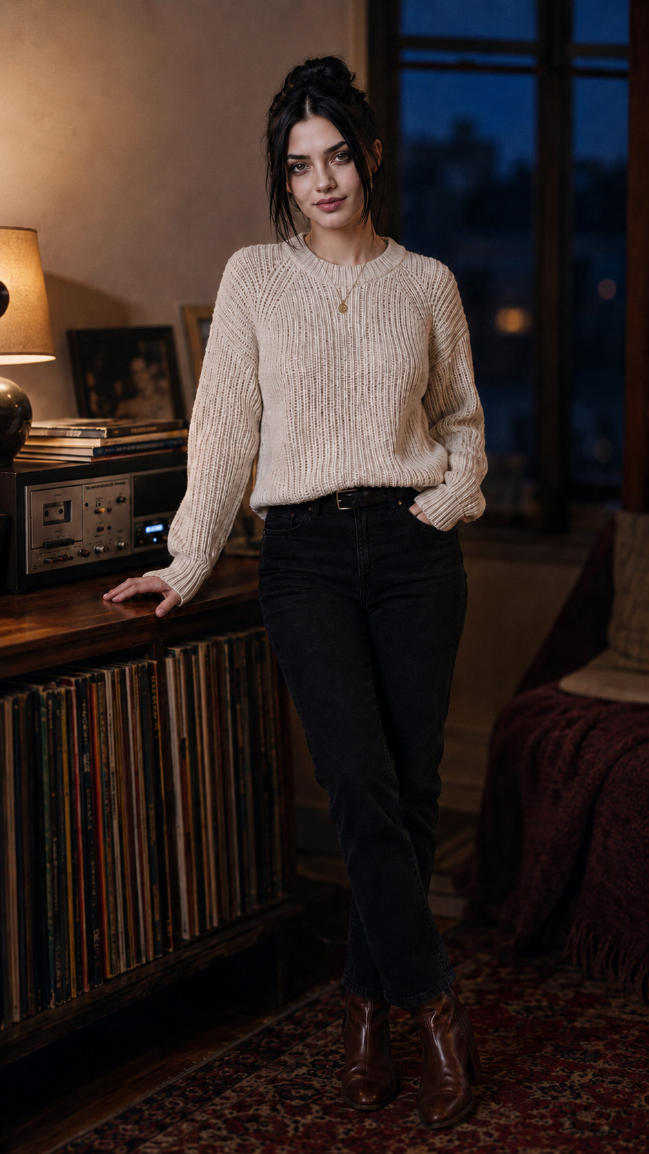 Lyra Bennet standing beside a record collection in warm lamplight at blue hour
