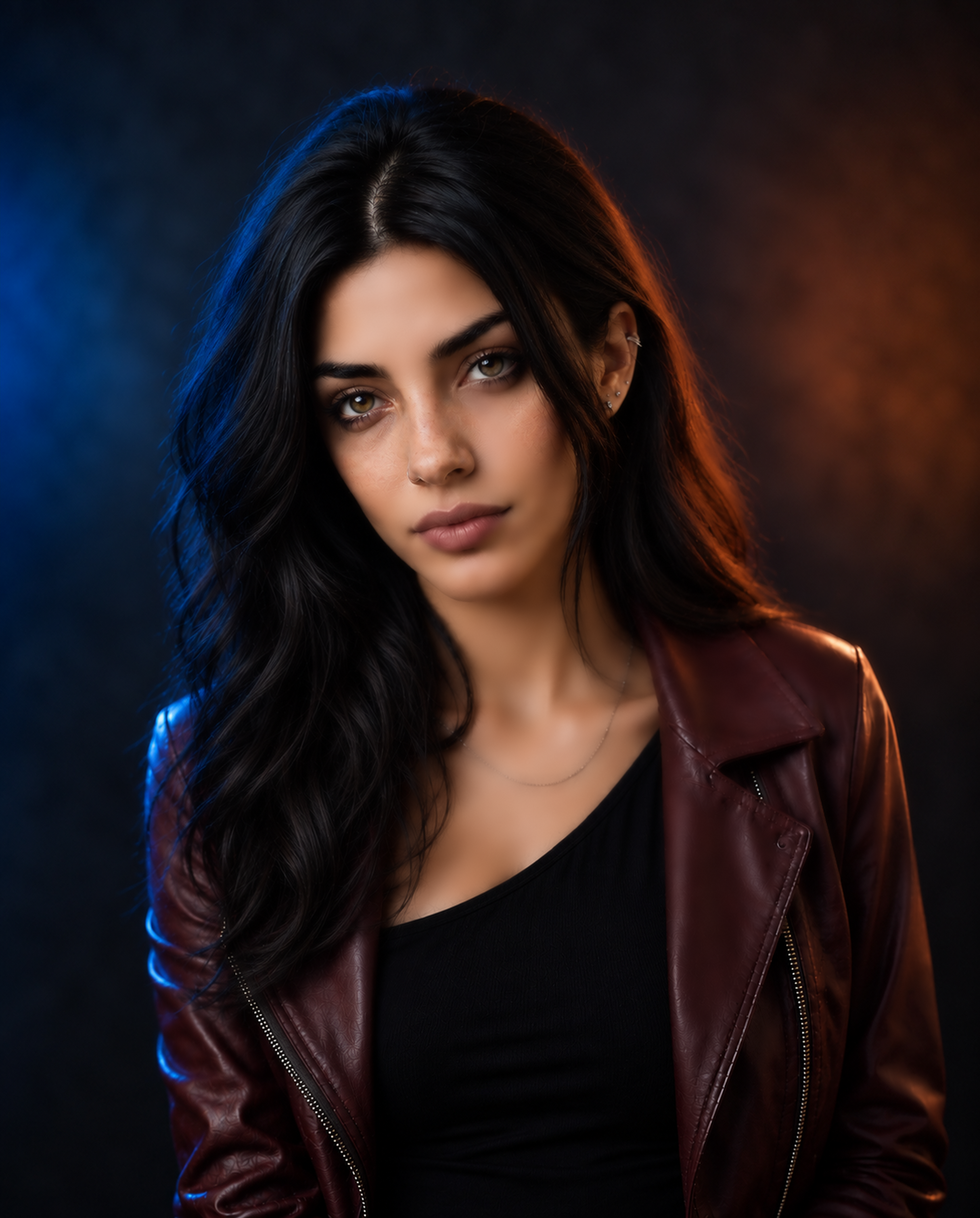 Official portrait of Lyra Bennet in a burgundy leather jacket with blue and amber studio lighting